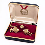 1960s Mid Century Pearl Cufflinks & Tie Pin Set Gold Tone Metal Men's Vintage Cufflink, Tie Tack Set in original presentation box by HICKOK