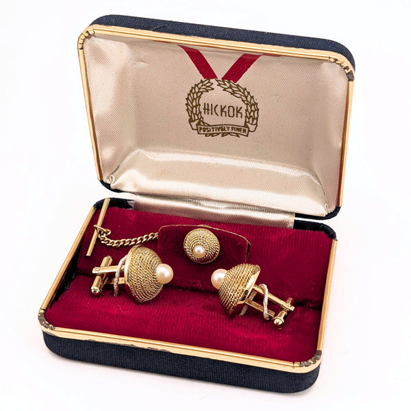 1960s Mid Century Pearl Cufflinks & Tie Pin Set Gold Tone Metal Men's Vintage Cufflink, Tie Tack Set in original presentation box by HICKOK