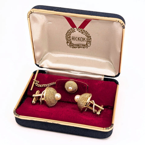 1960s Mid Century Pearl Cufflinks & Tie Pin Set Gold Tone Metal Men's Vintage Cufflink, Tie Tack Set in original presentation box by HICKOK