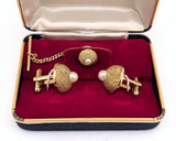 1960s Mid Century Pearl Cufflinks & Tie Pin Set Gold Tone Metal Men's Vintage Cufflink, Tie Tack Set in original presentation box by HICKOK
