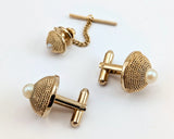 1960s Mid Century Pearl Cufflinks & Tie Pin Set Gold Tone Metal Men's Vintage Cufflink, Tie Tack Set in original presentation box by HICKOK