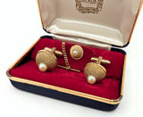 1960s Mid Century Pearl Cufflinks & Tie Pin Set Gold Tone Metal Men's Vintage Cufflink, Tie Tack Set in original presentation box by HICKOK