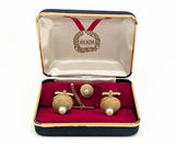 1960s Mid Century Pearl Cufflinks & Tie Pin Set Gold Tone Metal Men's Vintage Cufflink, Tie Tack Set in original presentation box by HICKOK