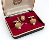 1960s Mid Century Pearl Cufflinks & Tie Pin Set Gold Tone Metal Men's Vintage Cufflink, Tie Tack Set in original presentation box by HICKOK