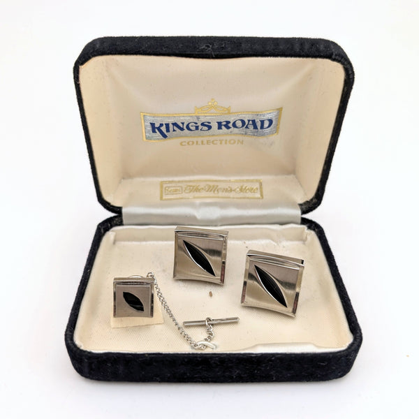 1960s-70s Vintage Men's Cufflinks & Tie Pin / Tie Tack Set Mid Century Mod Silver Tone Cufflink and Tie Tack Set In Original Box by SEARS