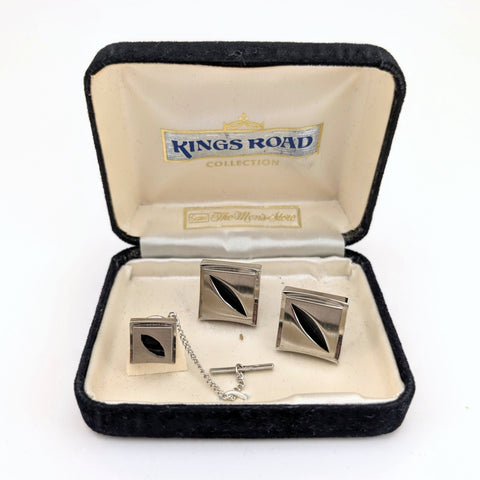 1960s-70s Vintage Men's Cufflinks & Tie Pin / Tie Tack Set Mid Century Mod Silver Tone Cufflink and Tie Tack Set In Original Box by SEARS