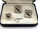 1960s-70s Vintage Men's Cufflinks & Tie Pin / Tie Tack Set Mid Century Mod Silver Tone Cufflink and Tie Tack Set In Original Box by SEARS