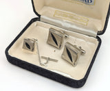 1960s-70s Vintage Men's Cufflinks & Tie Pin / Tie Tack Set Mid Century Mod Silver Tone Cufflink and Tie Tack Set In Original Box by SEARS