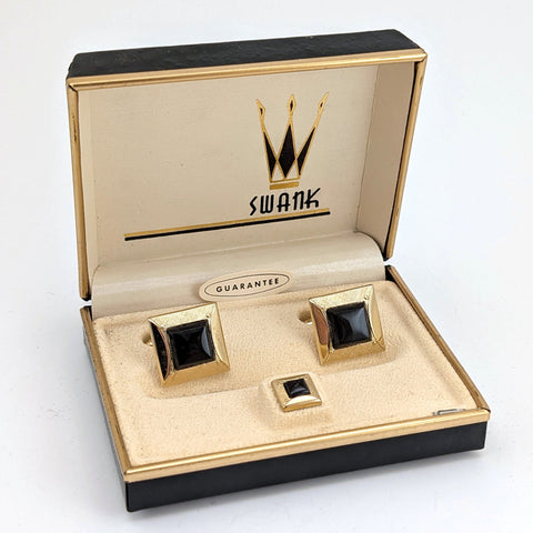 1950s SWANK Cufflink & Tie Pin Set Large Modernist Gold Tone Metal Cufflinks and Tie Tack Set with black stones in Original Presentation box