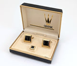 1950s SWANK Cufflink & Tie Pin Set Large Modernist Gold Tone Metal Cufflinks and Tie Tack Set with black stones in Original Presentation box