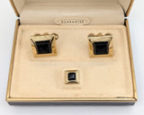 1950s SWANK Cufflink & Tie Pin Set Large Modernist Gold Tone Metal Cufflinks and Tie Tack Set with black stones in Original Presentation box