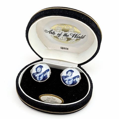 1960s SWANK Delft Ceramic Tile Cufflinks Silver Tone Men's Vintage Cufflink Set from Holland Arts of the World Series in velvet box by SWANK