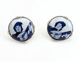 1960s SWANK Delft Ceramic Tile Cufflinks Silver Tone Men's Vintage Cufflink Set from Holland Arts of the World Series in velvet box by SWANK