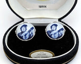 1960s SWANK Delft Ceramic Tile Cufflinks Silver Tone Men's Vintage Cufflink Set from Holland Arts of the World Series in velvet box by SWANK