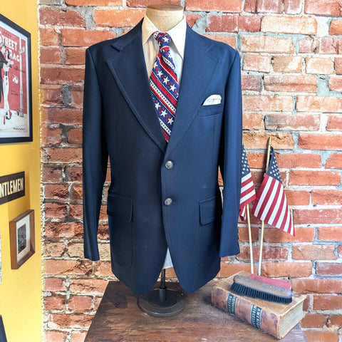 1976 U.S. Bicentennial Suit Jacket Men's Vintage Disco Era Navy Blue Polyester Sport Coat / Blazer by JCPenney - Size 44 Long (LARGE)