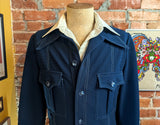 1970s Men's Leisure Suit Jacket Vintage Disco Era Navy Blue Polyester 4 Button Blazer / Sport Coat by Montgomery Ward - Size 38-40 (MEDIUM)