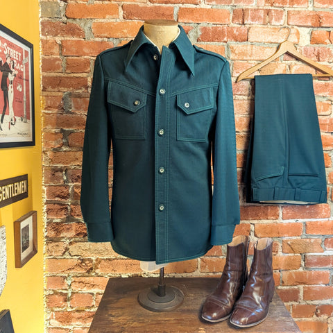 1970s 2 Piece Leisure Suit Vintage Men's Disco Era Forest Green Polyester Jacket & Pants Leisure Life Fashions by SEARS - Size 38 (MEDIUM)