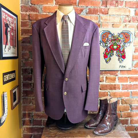 1970s-80s Purple Suit Jacket Vintage Men's Textured Aubergine Linen Look Blazer / Sport Coat by Stafford - Size 46-48 (XL)