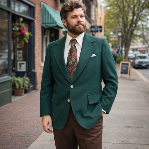 1970s-80s Forest Green Suit Jacket Vintage Mens Linen Textured Worsted Wool & Polyester Blend Blazer / Sport Coat by Stafford - Size 50 (XL)