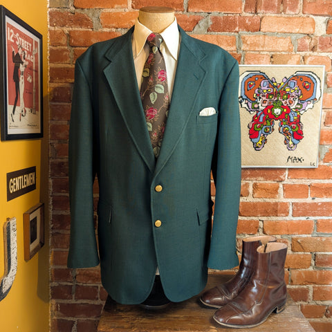 1970s-80s Forest Green Suit Jacket Vintage Mens Linen Textured Worsted Wool & Polyester Blend Blazer / Sport Coat by Stafford - Size 50 (XL)