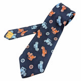 1970s Antique Car Necktie Men's Vintage Disco Era Wide Blue All Polyester Tie with woven Red & Blue Old Car Designs by Custom Cravatieur