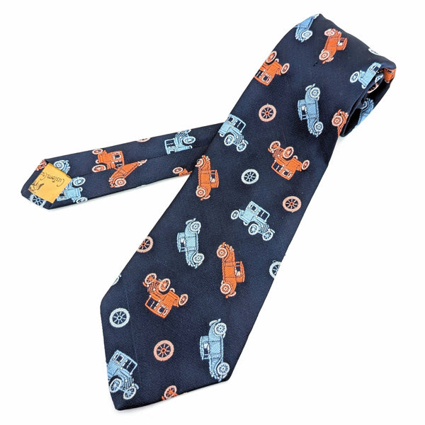 1970s Antique Car Necktie Men's Vintage Disco Era Wide Blue All Polyester Tie with woven Red & Blue Old Car Designs by Custom Cravatieur