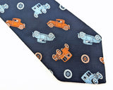 1970s Antique Car Necktie Men's Vintage Disco Era Wide Blue All Polyester Tie with woven Red & Blue Old Car Designs by Custom Cravatieur