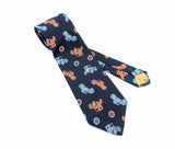 1970s Antique Car Necktie Men's Vintage Disco Era Wide Blue All Polyester Tie with woven Red & Blue Old Car Designs by Custom Cravatieur
