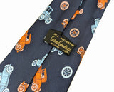 1970s Antique Car Necktie Men's Vintage Disco Era Wide Blue All Polyester Tie with woven Red & Blue Old Car Designs by Custom Cravatieur