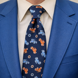 1970s Antique Car Necktie Men's Vintage Disco Era Wide Blue All Polyester Tie with woven Red & Blue Old Car Designs by Custom Cravatieur