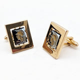 1950s-60s Hematite Centurion Cufflinks Set Gold Tone Mad Men Era Men's Vintage Large Square Cufflinks with Gladiator Design