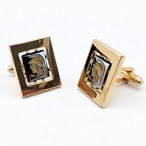1950s-60s Hematite Centurion Cufflinks Set Gold Tone Mad Men Era Men's Vintage Large Square Cufflinks with Gladiator Design