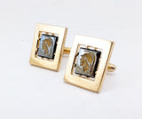 1950s-60s Hematite Centurion Cufflinks Set Gold Tone Mad Men Era Men's Vintage Large Square Cufflinks with Gladiator Design