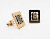 1950s-60s Hematite Centurion Cufflinks Set Gold Tone Mad Men Era Men's Vintage Large Square Cufflinks with Gladiator Design