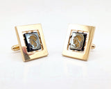 1950s-60s Hematite Centurion Cufflinks Set Gold Tone Mad Men Era Men's Vintage Large Square Cufflinks with Gladiator Design