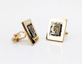 1950s-60s Hematite Centurion Cufflinks Set Gold Tone Mad Men Era Men's Vintage Large Square Cufflinks with Gladiator Design
