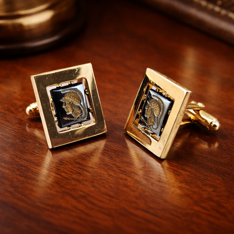 1950s-60s Hematite Centurion Cufflinks Set Gold Tone Mad Men Era Men's Vintage Large Square Cufflinks with Gladiator Design