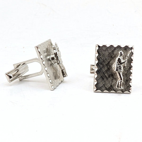 1950s-60s Sportsman Cufflinks Men's Vintage Mad Men Era Silver Tone Metal Cufflink Set with Hunter or Fisher designs