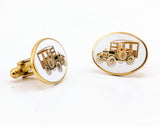 1970s Antique Car Cufflinks Men's Vintage Gold Tone Metal Cufflink Set with enameled Antique Automobile designs on white background by Avon
