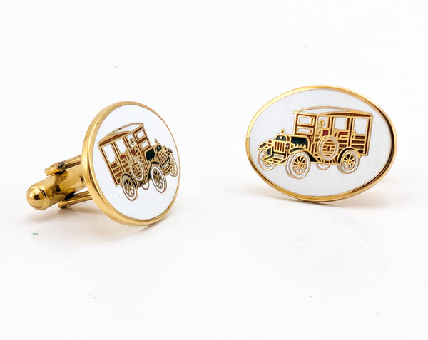 1970s Antique Car Cufflinks Men's Vintage Gold Tone Metal Cufflink Set with enameled Antique Automobile designs on white background by Avon