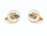 1970s Antique Car Cufflinks Men's Vintage Gold Tone Metal Cufflink Set with enameled Antique Automobile designs on white background by Avon
