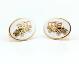 1970s Antique Car Cufflinks Men's Vintage Gold Tone Metal Cufflink Set with enameled Antique Automobile designs on white background by Avon