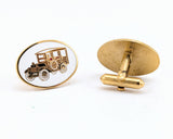 1970s Antique Car Cufflinks Men's Vintage Gold Tone Metal Cufflink Set with enameled Antique Automobile designs on white background by Avon
