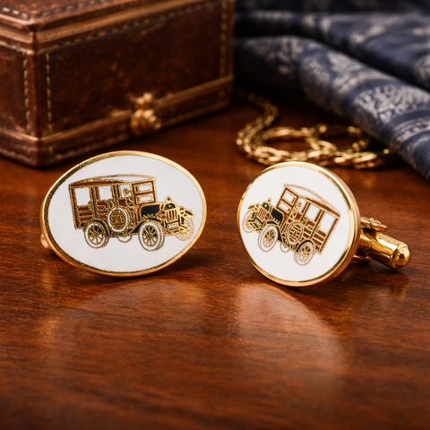 1970s Antique Car Cufflinks Men's Vintage Gold Tone Metal Cufflink Set with enameled Antique Automobile designs on white background by Avon