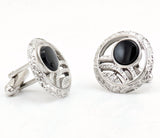 1960s Modernist Cufflinks Set Large Mad Men Era Silver Tone Metal Circular Cufflinks with Round Black Inset Stones