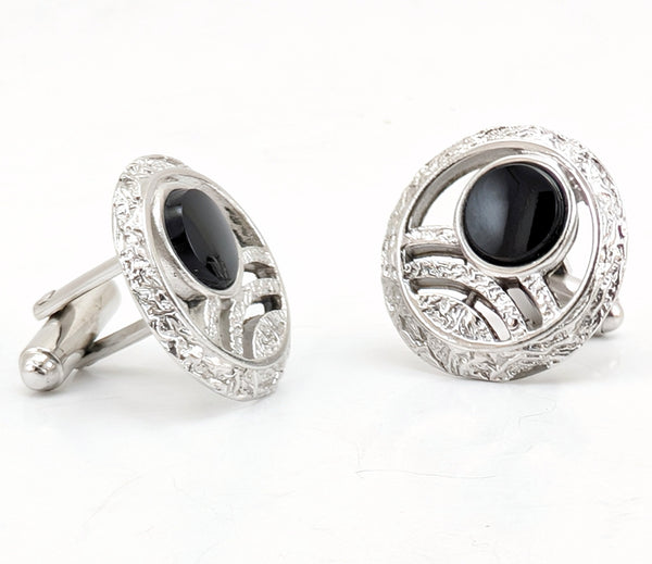 1960s Modernist Cufflinks Set Large Mad Men Era Silver Tone Metal Circular Cufflinks with Round Black Inset Stones