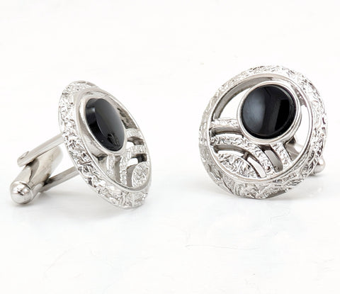 1960s Modernist Cufflinks Set Large Mad Men Era Silver Tone Metal Circular Cufflinks with Round Black Inset Stones