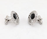 1960s Modernist Cufflinks Set Large Mad Men Era Silver Tone Metal Circular Cufflinks with Round Black Inset Stones