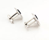 1960s Modernist Cufflinks Set Large Mad Men Era Silver Tone Metal Circular Cufflinks with Round Black Inset Stones