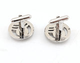 1960s Modernist Cufflinks Set Large Mad Men Era Silver Tone Metal Circular Cufflinks with Round Black Inset Stones